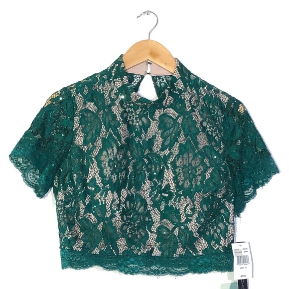 My Michelle Green Nude Lace + Sequin Crop Top 15 - Picture 1 of 4